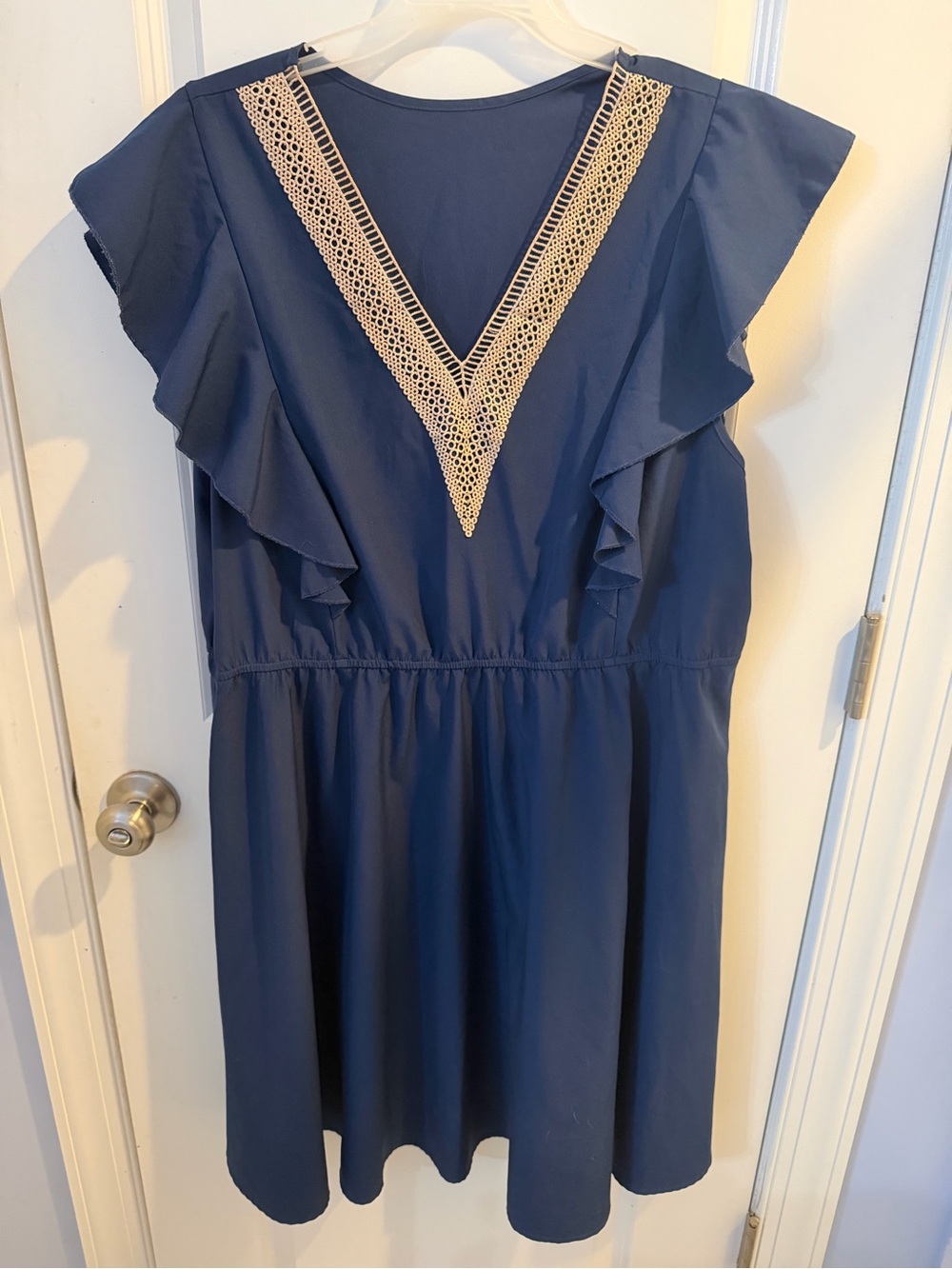 Women Navy Dress with Lace V-Neck